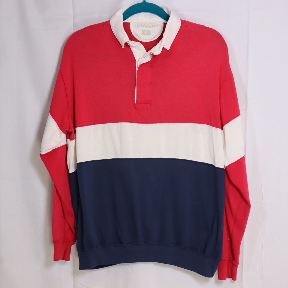 St Johns‎ Bay Rugby Sweatshirt Mens L Red White Blue Colorblock Vintage Polo
